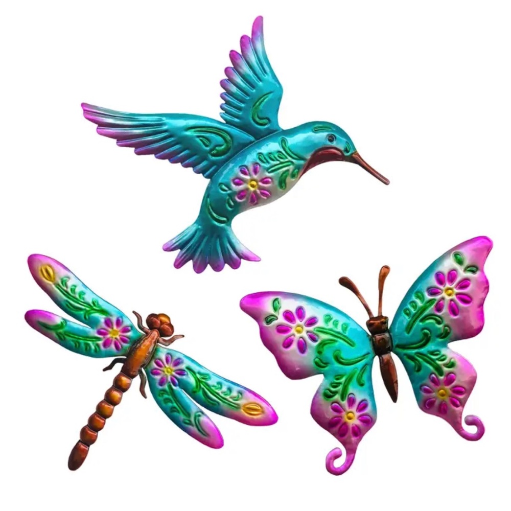 New Set of 3 Blue Hummingbird Butterfly Dragonfly Metal Art Decor